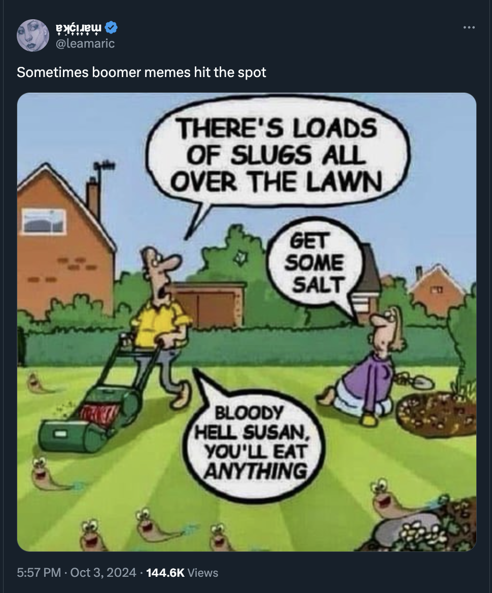 Photograph - Sometimes boomer memes hit the spot There'S Loads Of Slugs All Over The Lawn Get Some Salt Bloody Hell Susan, You'Ll Eat Anything Views